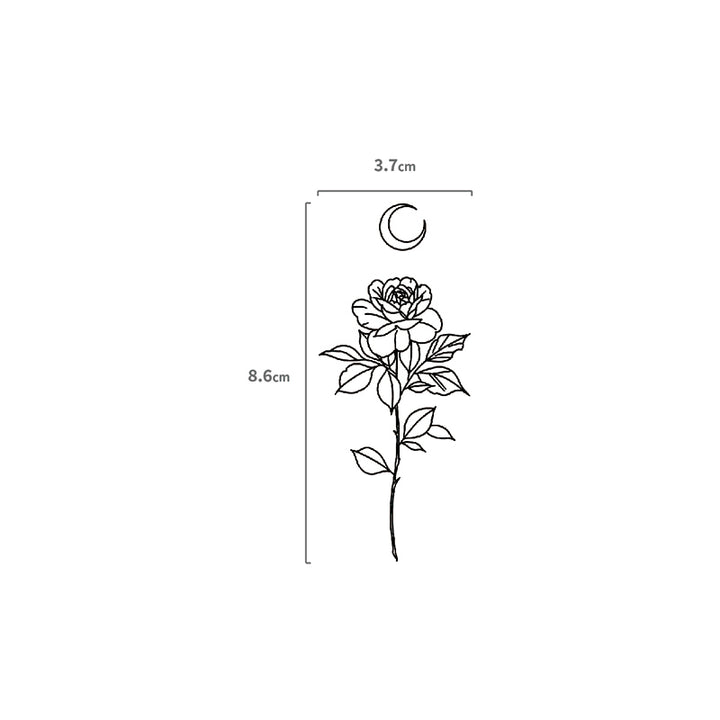 Linework Rose mit Mond Temporäres Tattoo Größenangabe