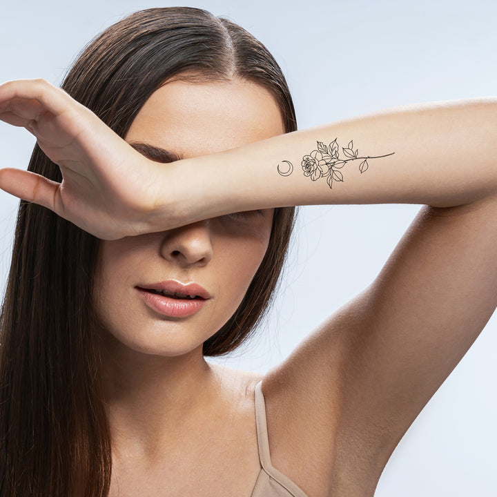 Linework Rose mit Mond Temporäres Tattoo